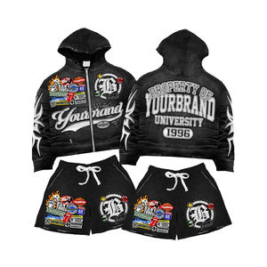 Ensemble de sweats à capuche pour hommes, personnalisés, de luxe, en coton délavé au soleil, lourd, coupe courte, surdimensionné, délavé à l'acide, avec strass, fermeture éclair - Product Image 5