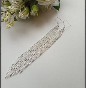 Bead <b>Earrings</b>, <b>Silver</b> Very <b>Long</b> <b>Earrings</b>, extra <b>Long</b> <b>Earrings</b>, Fringe <b>Earrings</b>, - Product Image 1