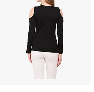 Haut/T-shirt en coton à manches longues et col rond, décontracté, épaules dénudées, coupe ajustée, personnalisé pour femmes - Product Image 3