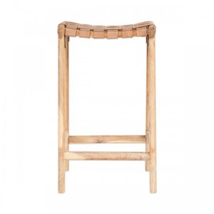 Taburete de Bar Moderno y Resistente con Estructura de Madera de Teca Sólida y Asiento de Cuero Tejido para Comedor, Sala de Estar y Uso en Exteriores - Product Image 4