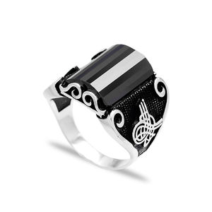 Anillo de plata de primera ley con piedra de ónix para hombre, sortija, plata esterlina, estilo otomano - Product Image 1