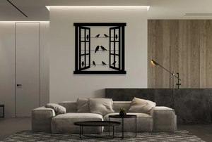 นกนั่งอยู่บนลวดหน้าต่างดูสำเนียงกรอบศิลปะห้องนั่งเล่นแผ่นติดผนังห้องนอนงานฝีมือสีดำทิวทัศน์ศิลปะ - Product Image 5