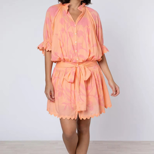 Cotton Pink Blouson Dress Ladies Bohemian V-neck <b>Half</b> Sleeve Eye-Catching Midi Length T-Shirt Loose Waist Woven Pattern <b>Slip</b> - Product Image 1