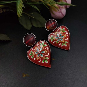 Silver Replica Earring Sliver <b>Oxidized</b> Hand Painted Earrings With Monalisa Stone Girls Wear Casual Party Wear and Gifted - Product Image 3
