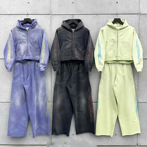 Ropa de calle personalizada 2025 de calidad superior, chándales Unisex con cremallera, conjunto de pantalones de chándal y Sudadera con capucha desgastados con lavado ácido - Product Image 6