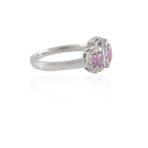 Productos al por mayor Auténtico zafiro rosa de corte redondo con anillo de banda de diamante K14 Anillo de banda de tres piedras de oro blanco puro - Product Image 3