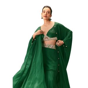 Màu xanh lá cây Ruched blouse với diềm Xếp Nếp Palazzo sharara và dupatta cho bên đám cưới Lễ Hội Indo phương Tây Dịp mặc - Product Image 1