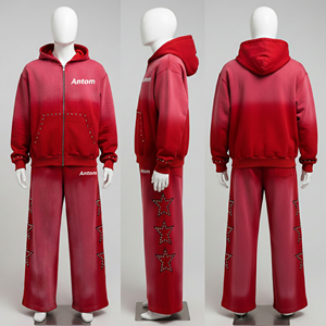 ชุดแทรคสูทผู้ชาย ดีไซน์ปักลายคริสตัลคุณภาพสูง ซิปหน้า สีซีดแบบซันเฟด ผ้าฝ้าย 100% ทรงหลวม พิมพ์ลาย โลโก้สั่งทำได้ - Product Image 1