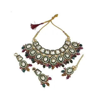 Ensemble de collier en or plaqué or avec diamants multicolores taille émeraude Polki Kundan, bijoux fins pour mariages et cadeaux - Product Image 4