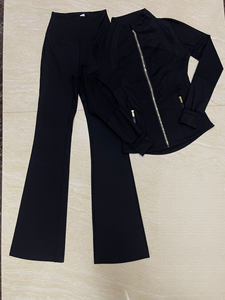 Conjunto de pantalones acampanados de cintura alta para mujer, conjunto de Yoga con cuello levantado informal, chaqueta con cremallera dorada - Product Image 2