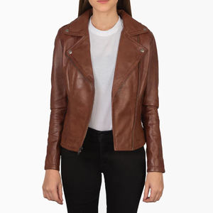 Chaqueta de motorista marrón de cuero genuino para Mujer | Prendas de abrigo elegantes ajustadas | Fabricante de proveedores al por mayor OEM ODM - Product Image 4