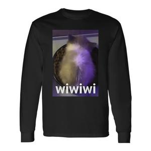 Wiwiwi Cat Meme T-shirt a maniche lunghe unisex per adulti taglia media in cotone nero per abbigliamento casual - Product Image 1