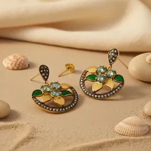 Boucles d'oreilles pendantes de luxe plaquées or avec fleurs et strass en cristal pour femmes, bijoux de soirée - Product Image 3