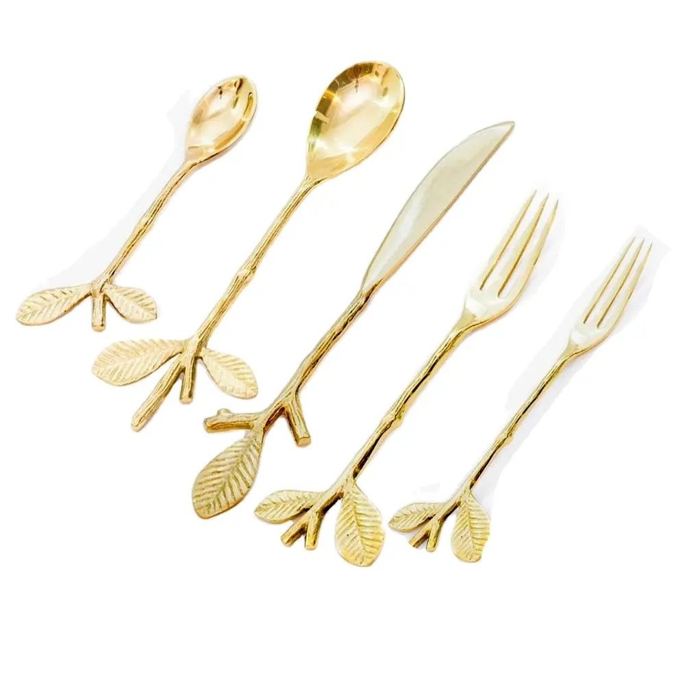 Set di posate in oro a due foglie in ottone con Design a stelo e lucidato a mano naturale con rivestimento laccato trasparente sicuro per alimenti