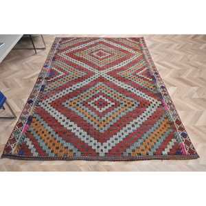 5.4x7.6 ft Turkish Kilim Rug, Vintage Rug, <b>Red</b> Animal Print <b>Wool</b> Rug - Product Image 1