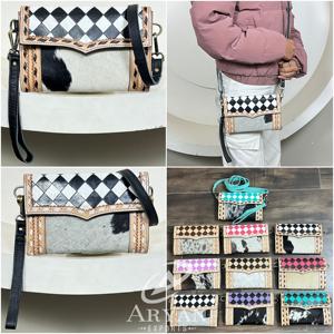 2026 New Designer Purse Black & White Checkered Western Hand Tooled Leather Crossbody <b>Wristlet</b> <b>Clutch</b> <b>Bag</b> Hair-on-Hide Mini <b>Bag</b> - Product Image 1