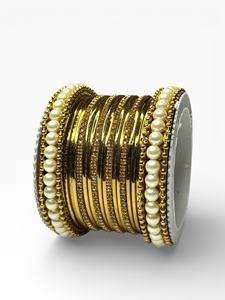 Handcrafted Gold Plated Geometric Trendy <b>Pearl</b> Bangles Set <b>for</b> <b>Women</b> Indian Bridal Anniversary Jewellery - Product Image 3