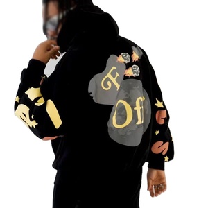 เสื้อฮู้ดสวมหัวสีดำน้ำหนักเบาน่ารักเสื้อสเวตเชิ้ตแบบปักลายนูนผ้าฝ้ายฝรั่งเศสเทอร์รี่3D โฟม - Product Image 5