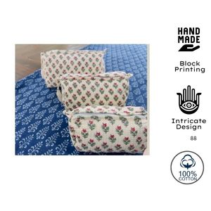 Ensemble de trousses de toilette zippées en coton pur matelassé, motif floral imprimé à la main, traditionnel indien, de qualité supérieure, durable - Product Image 2