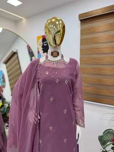 Nouveau concepteur fête haut Palazzo & Dupatta ensemble renard Georgette broderie séquence cou rond lancement Kurti-Sarara lancement - Product Image 3