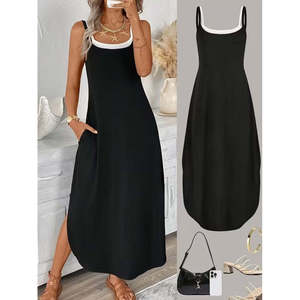 Women's Strappy Round Neck Long <b>Viscose</b> <b>Dress</b> with Pockets, 31840 - Black - Product Image 1