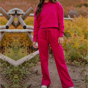 370gsm Customized Berry Color Loose Fit Cropped Hoodie Elasticized Leg Fit Sweatpants <b>Women</b> Jogging <b>Set</b> - Product Image 4