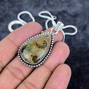 Rhyolite <b>925</b> <b>Sterling</b> <b>Silver</b> Pear Shape Gemstone Fine Pendant Necklace <b>Chain</b> Necklace For <b>Men</b> Women Anniversary Pendant Necklace - Product Image 3