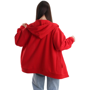 Sudadera con capucha de algodón rojo de gran tamaño para mujer con cremallera completa personalizada antiarrugas holgada diseño de hombro caído para la temporada de invierno - Product Image 2