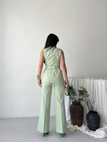 Ensemble tailleur pantalon long à jambes larges avec gilet blazer sans manches en toile de laine/nylon vert menthe vintage et ceinture appliquée pour femme