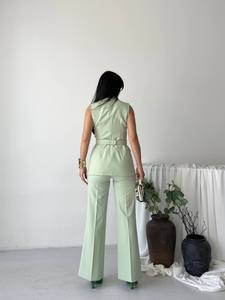 Women's Mint Green Sleeveless <b>Blazer</b> Vest With Belt And Wide Leg Trousers Elegant 2 Piece Suit <b>Set</b> Solid Color Satin Fabric - Product Image 2