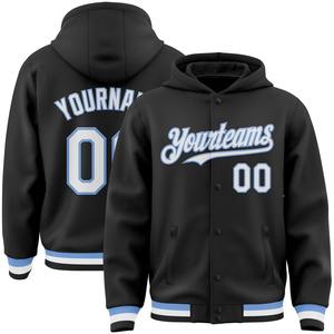 Direct Industry Wholesale Casual Winter Custom Black White-Light Blue Bomber Full-Snap Varsity Letterman <b>Hoodie</b> Jacket - Product Image 1