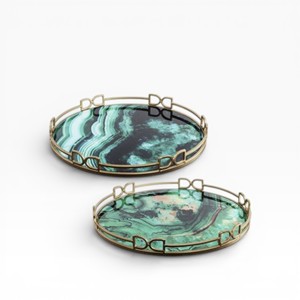 Rectangular Emerald Green <b>Resin</b> <b>Stone</b> Decorative Tray with Scalloped Edge Gold Trim and Side Handles - Product Image 4