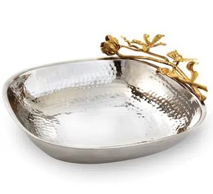 Bol à plateau martelé moderne en acier inoxydable de fantaisie avec tige décorative en laiton brillant polonais servant un bol de service de fruits de qualité supérieure bon marché - Product Image 3