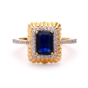 Anillo de Zafiro Azul con Corte Esmeralda y Halo en Oro para Mujer - Joyería Fina para Regalo - Product Image 1