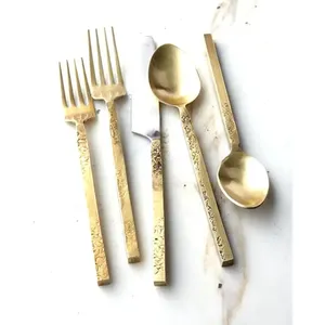 Ensemble de couverts couleur or, tête en acier inoxydable poli miroir, poignée rustique, couverts élégants, ustensiles de salle à manger pour hôtel, qualité supérieure - Product Image 1