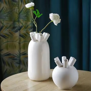 Elegante florero de cerámica blanca, jarrón decorativo hecho a mano para decoración del hogar, decoración de oficina y restaurante, Juego de 2 uds. - Product Image 1