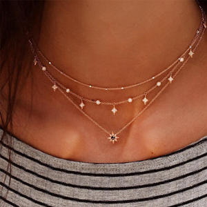 Moda europea y americana, nuevo collar hecho a mano de 3 capas para mujer, collar con colgante de estrella de acero inoxidable para mujer, joyería - Product Image 1