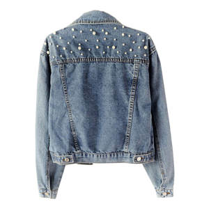 Chaqueta vaquera 100% personalizada de gran tamaño para mujer, chaqueta vaquera de manga larga con cuello levantado y perlas bordadas, chaqueta vaquera a prueba de viento - Product Image 2