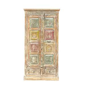 Multicolour Floral Panel Carved Bedroom Furniture Rustic Luxury Freestanding <b>Portable</b> <b>Wardrobe</b> Made Teak Folding for Apartment - Product Image 3