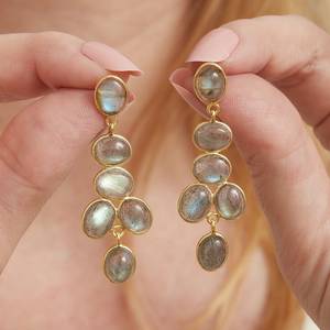 Artesian Crafted Royal 18K Gold Plated Pure 925 <b>Sterling</b> <b>Silver</b> Multiple Natural Oval Shape Labradorite Gemstone <b>Dangle</b> <b>Earrings</b> - Product Image 2