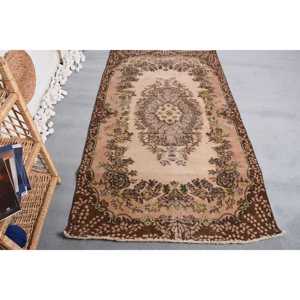 3.8x6.7 ft Vintage Rug, <b>Brown</b> Check Turkish Rug <b>Wool</b> - Product Image 1