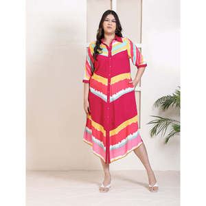 Deebaco Women's Plus <b>Size</b> Magenta Striped <b>Shirt</b> <b>Dress</b> Three Quarter Sleeve Turn Down Collar Ankle Length Casual Summer Western - Product Image 6