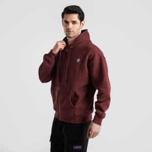 Sweat à capuche 100% coton lavé, couleur bordeaux, effet délavé à l'acide, avec broderie 3D et appliqué, motif patchwork uni - Product Image 3