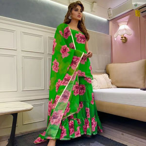 ADAA Green Carnation Organza Sharara Set Vestidos casuales de algodón para mujeres Cintura natural Fit Flare Sharara Set - Product Image 1