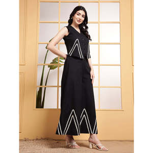 Conjunto de 2 Piezas Deebaco para Mujer, Color Negro, Estampado Geométrico, Blazer sin Mangas con Cuello en V y Pantalones Palazzo, Atuendo Casual Largo para Verano - Product Image 6