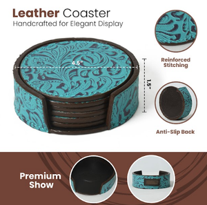 Flor hecha a mano en relieve 100% cuero Real alrededor de varias tazas posavasos Juego de 6 posavasos de cuero de forma redonda suave - Product Image 2