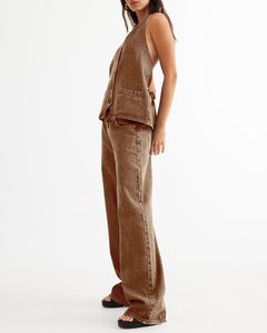 Conjunto de 2 Piezas de Mezclilla Ajustada con Botones para Mujer, Diseño Nuevo de Primavera Verano 2025, Informal, Sin Mangas, a la Moda, 100% Algodón, Secado Rápido, Transpirable - Product Image 3