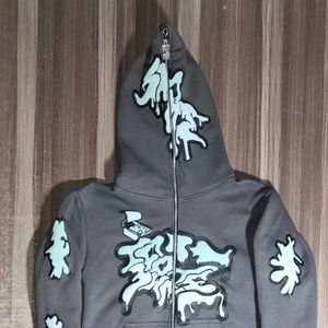 Sweat à capuche en polaire vintage à fermeture éclair surdimensionné Streetwear Edge Damage Snow Wash Design Winter Lined Hooded Digital Patchwork Hoodie - Product Image 1