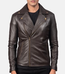 Chaqueta de Motociclista de Piel de Cordero Genuina Marrón Oscuro para Hombre, Cierre Asimétrico, Invierno, Ecológica, Transpirable, Ajustada - Product Image 5