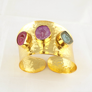 Bracelet large en pierre de géode naturelle, bijoux bohèmes, bracelet ouvert en laiton massif plaqué or 18 carats, vente en gros - Product Image 3